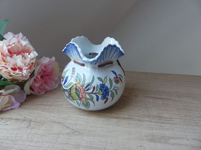 Vide Poche Forme Bourse Corne d'Abondance Décor Rouen Céramique Bleu Française fait main Géo Martel Vintage, Cadeau Mariage Amour Chance