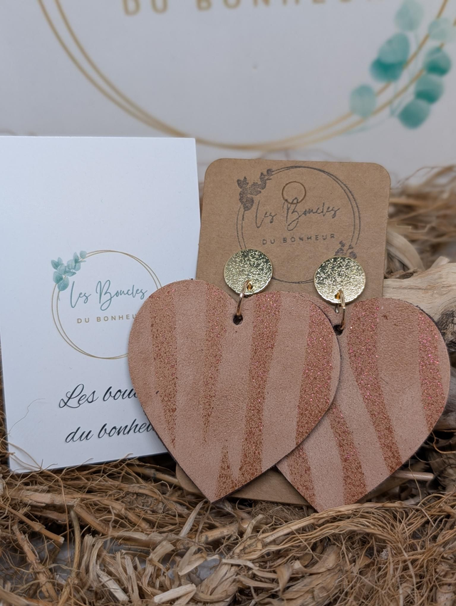 Boucles d'oreilles Coeur ❤️ rose zèbre paillettes zk031