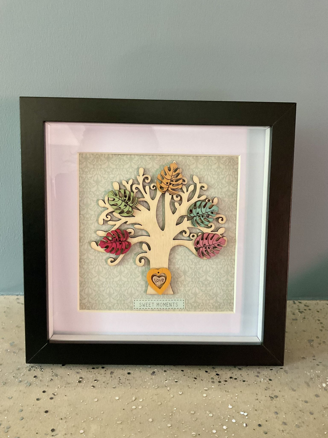 Wooden tree frame with colourful wooden leaves. Thank you gift.