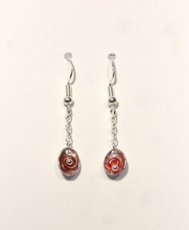 Domed Earrings with Red Bead 