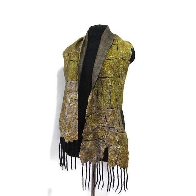 Sciarpa lungo morbido caldo Sciarpa donna unisex uomo feltro oro nero lana merino seta infeltrita Sciarpa fatta a mano Regalo unico per lui