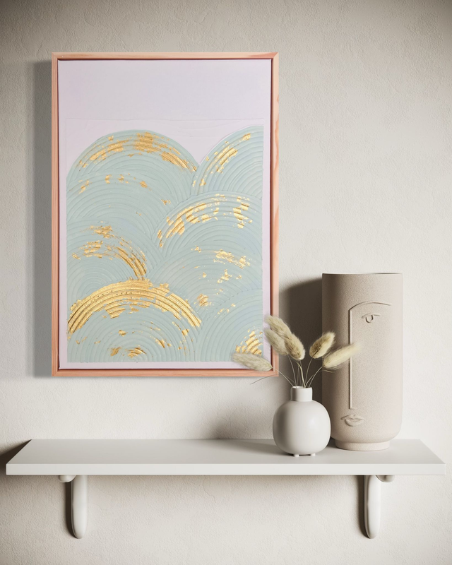 Arche Sauge - Art abstrait texturé épuré contemporain- vert sauge et doré