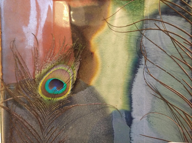 Plat en grès - effets "plumes de PAON" - Pièce UNIQUE - 23 x 39 cm (Grand modèle)