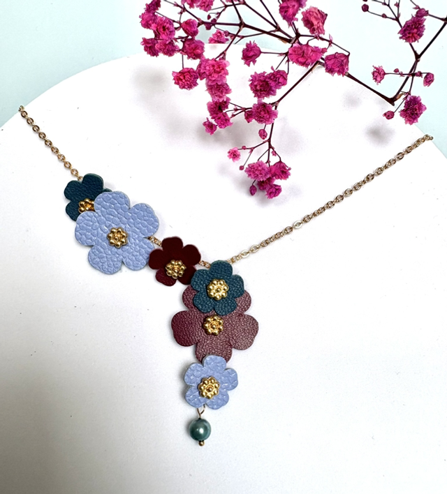 Collier FLORA Doré à l’or Cuir Prune, Lavande et Sarcelle