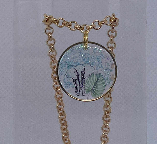 Gold elephant, monstera leaf and glitter necklace 