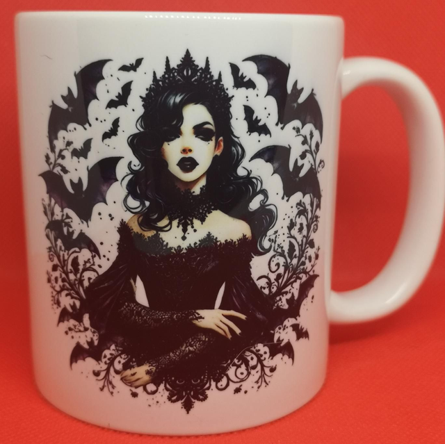 Custom Designed &amp; Printed Gothic Girl with Bats Design Mug. 