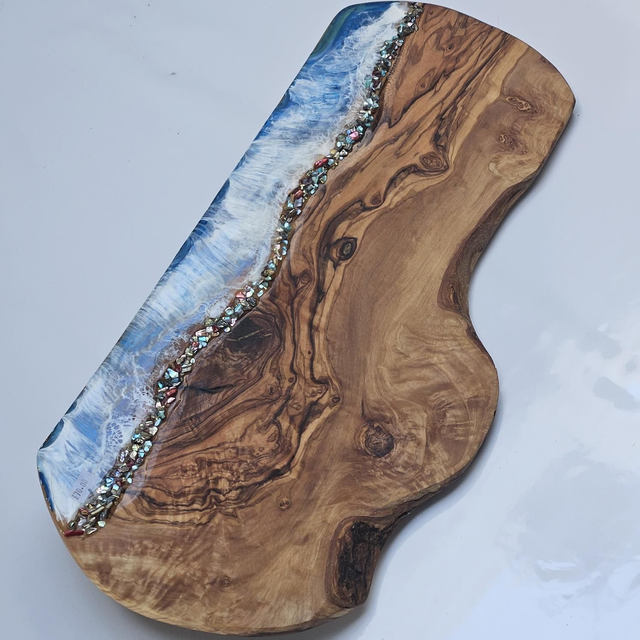 Handmade Olive Wood Charcuterie board with seascape with 3d pebble design