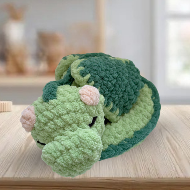 Crochet Plush Large Sleeping Dragon, Green & Dark Green, Ukca tested