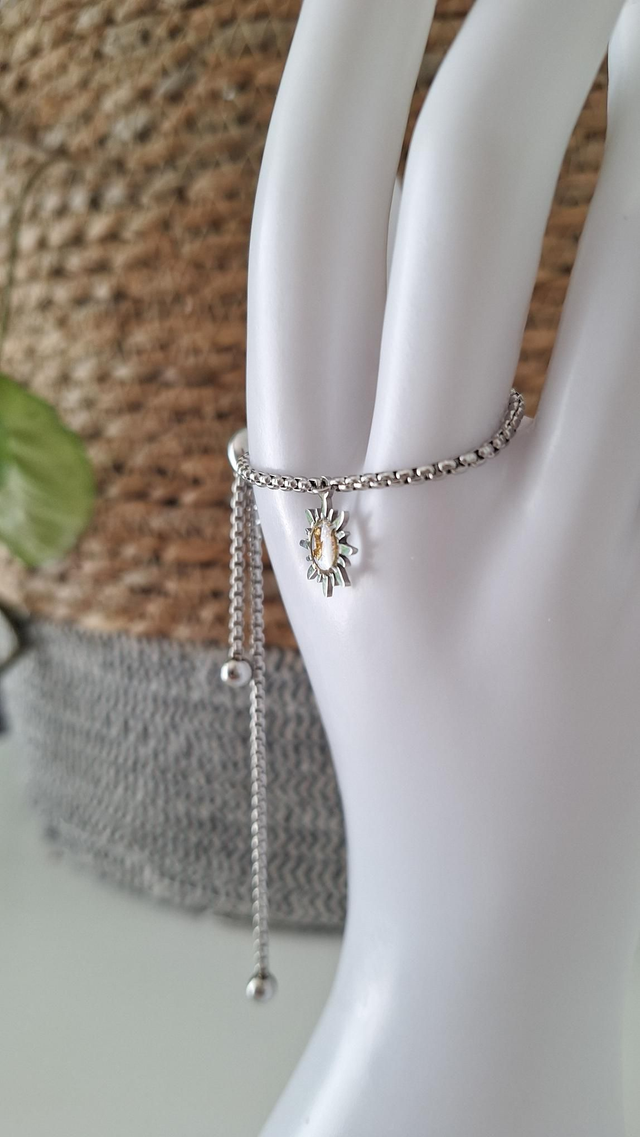 Bracelet à glissière argenté soleil feuille d&#039;or 