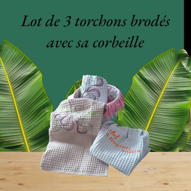 Lot de torchons brodés dans sa corbeille 