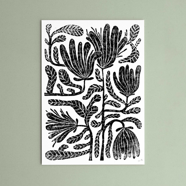 Linogravure "Printemps" - Fleurs, feuilles et pétales en bouquet