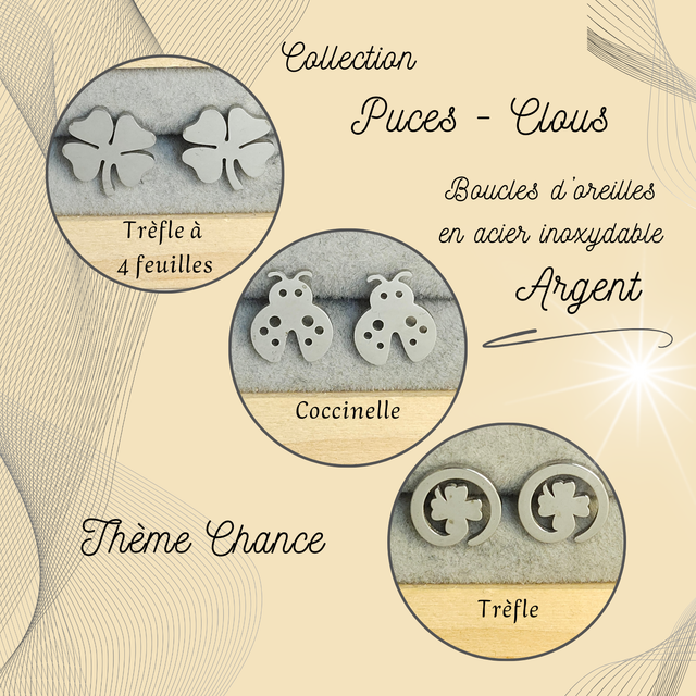 Clous d&#039;oreilles - Thème Chance - Acier Argent