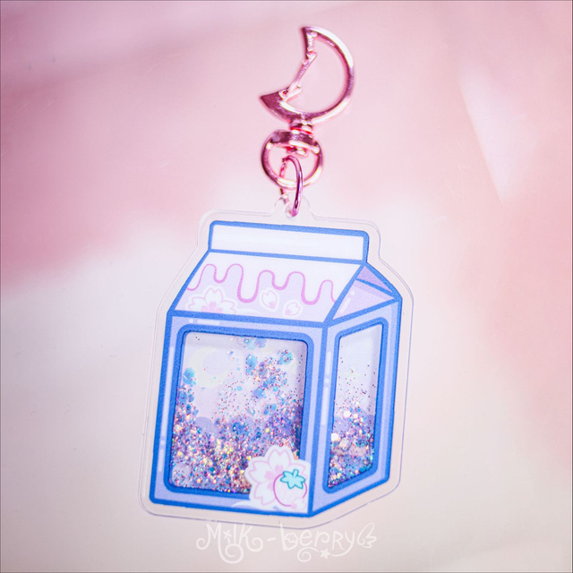 Porte-clé Shaker à paillettes Brique de lait fraise sakura