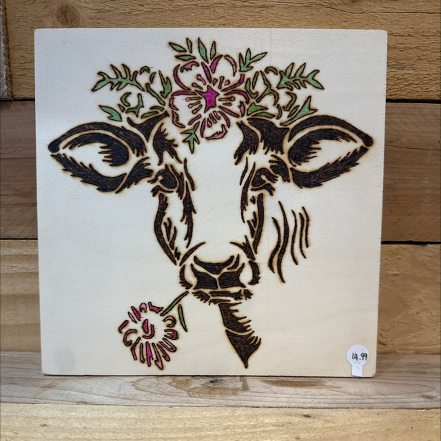 Cow with Flower Pyrography Plaque 