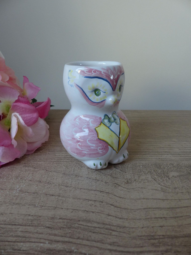 Petit vase monsieur hibou en poterie Ateliers A. Baratta à Moustiers France, Vase miniature hibou oiseau peint main, collection hibou cadeau