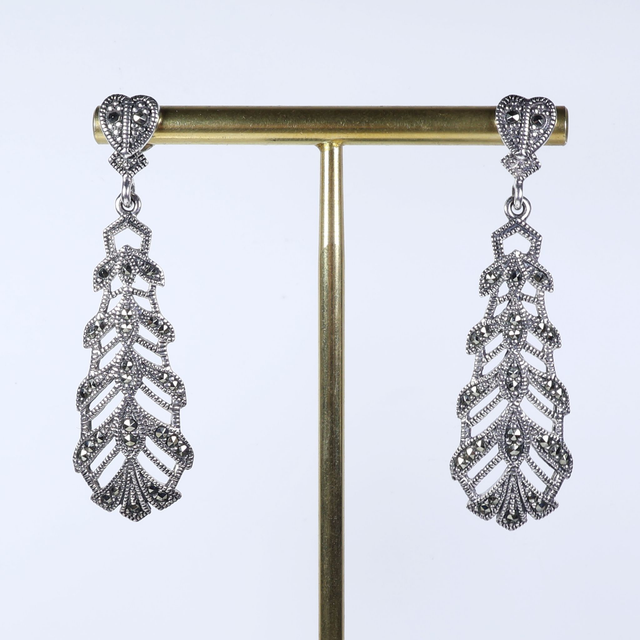 Pair of Elegant Sterling Silver 925 Art Nouveau Style Long Marcasite Gemstone Petal Leaf Floral Heart Geometric Design Drop Dangle Earrings