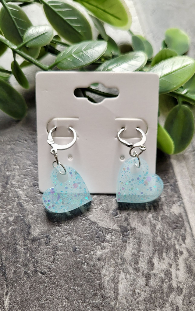 Earrings | Blue-White Glitter Hearts | Stainless Steel Hoops