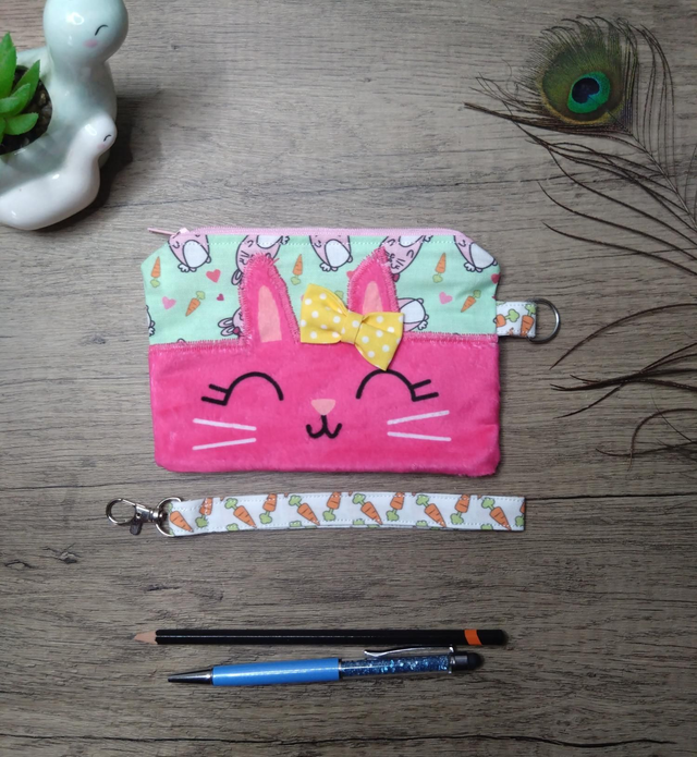 Pink rabbit zip purse with wrist strap 