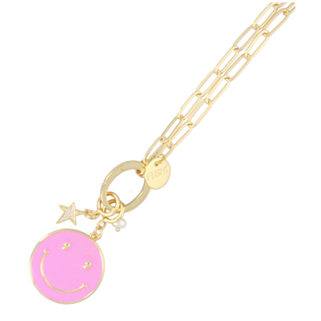 FUSHI KETTING SCHAKEL METAAL GOUD MET ENAMEL SMILEY XL ROZE