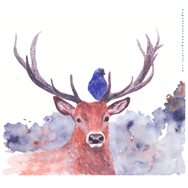 Cadre - Cerf et oiseau bleu