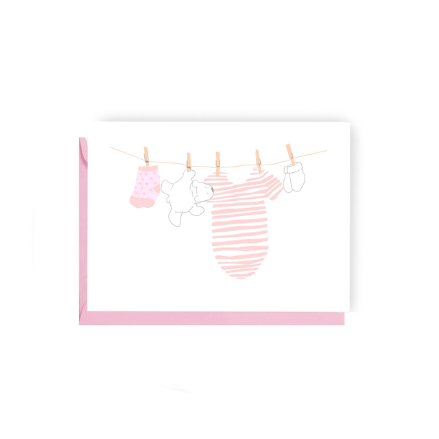 Pink Baby Washing Line - Illustrated New Baby Card 