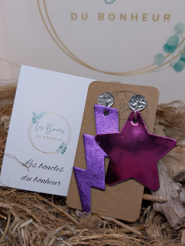 Boucles d&#039;oreilles Asymétrique violet fushia irisé zk028