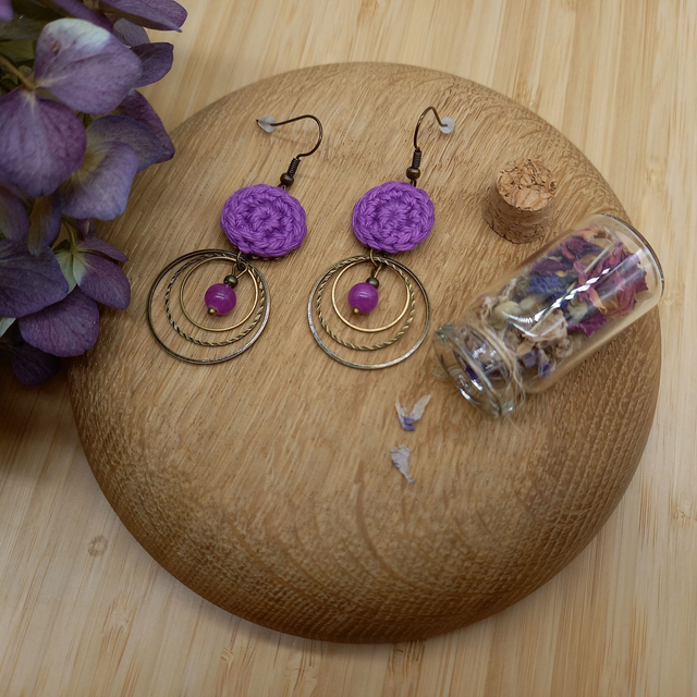 Parure violette et bronze - Boucles d'oreille violettes 3 anneaux