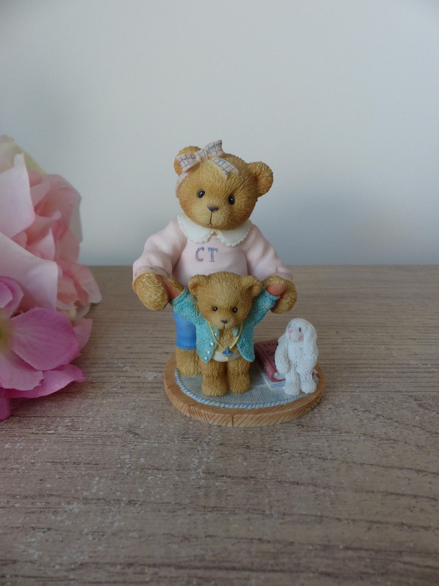Ours et bébé en résine Cherished Teddies, tu es la meilleure babysitter au monde, Enesco, collection ours, cadeau maman naissance famille
