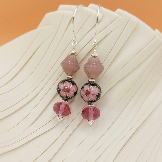 Vintage purple glass and black floral enamel beads sterling silver drop earrings
