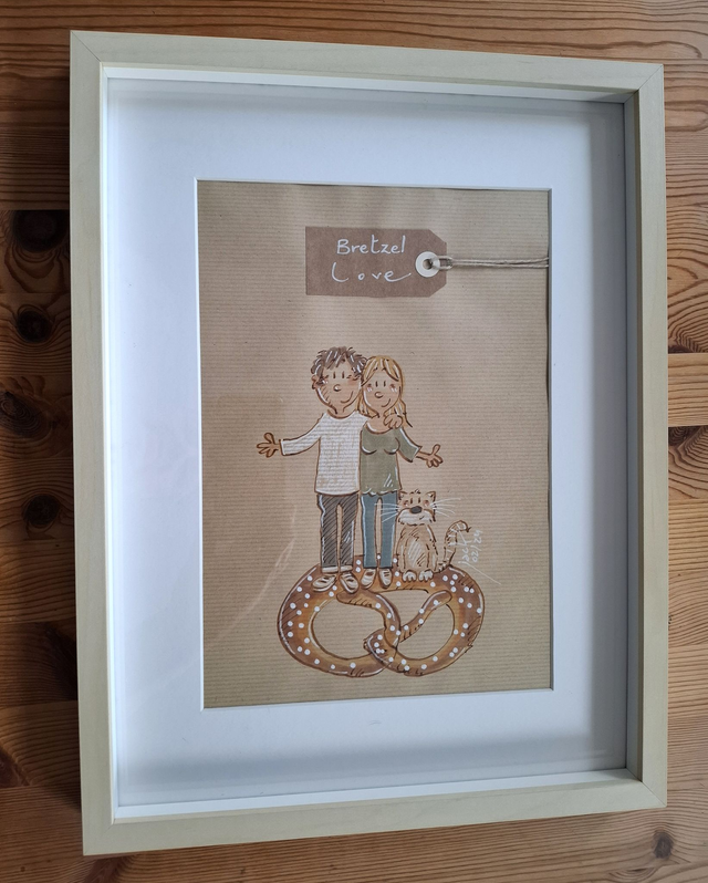 VENDU - "Bretzel love" -  Dessin format A4 sur papier - cadre 32x42 - frais de port compris pour la France