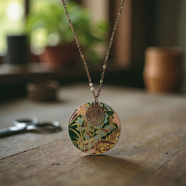 Collier acier inoxydable motifs japonais vert et rose