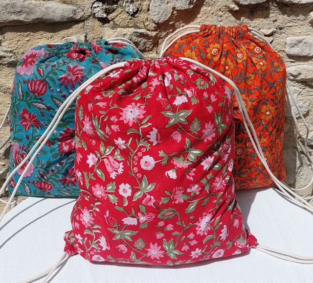 Sac à dos en coton imprimé à la main façon blockprint