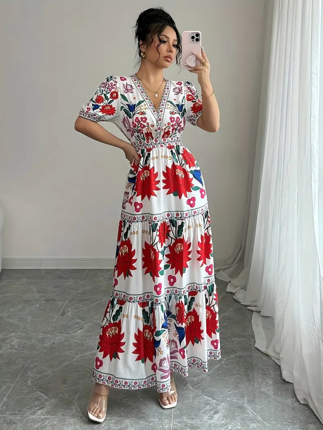 Women's Floral Print Bubble Sleeve Dress
