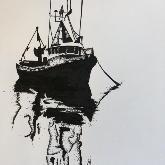 Bateau de pêche mer tranquille - 21 x 27 cm - encadrement noir &amp; bois 