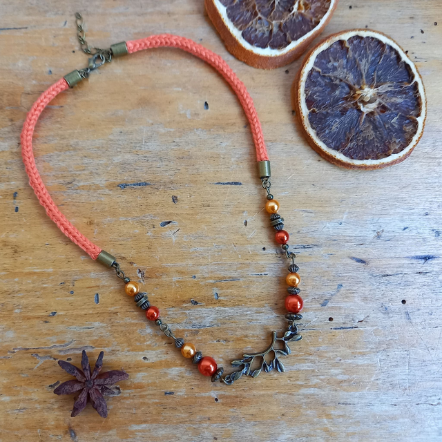Parure orange et bronze - Collier ras de cou orange -  Feuillage