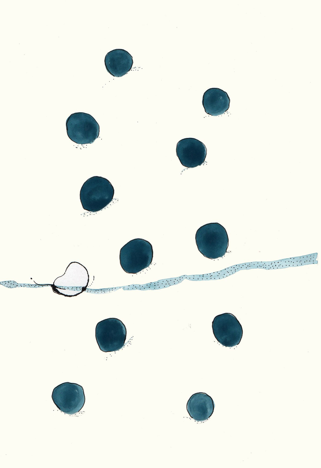 Encre originale et unique pour le livre « Les comptines du week-end ». Titre : Je passe sous la pluie