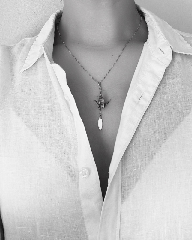 Collier origami / INOX doré / Origami grues, oiseaux / Papier japonais washi / Orange, vert, or /