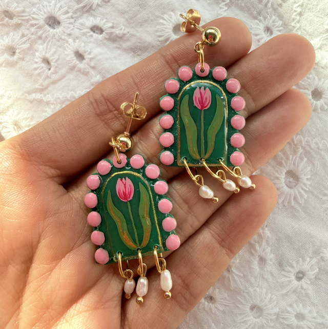 Pink Tulip Floral Arch Shaped Earrings with Rice Pearls