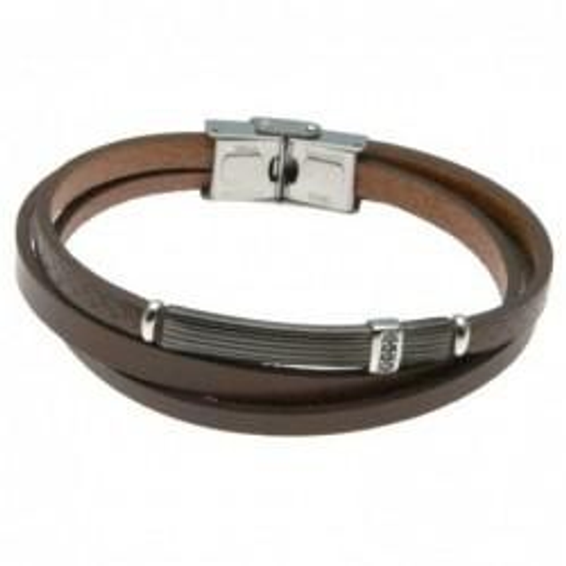 Bracciale uomo in pelle marrone con inserti acciaio e cristalli 