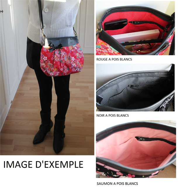 Sac à bandoulière fermeture zippée "Grues" & simili cuir noir