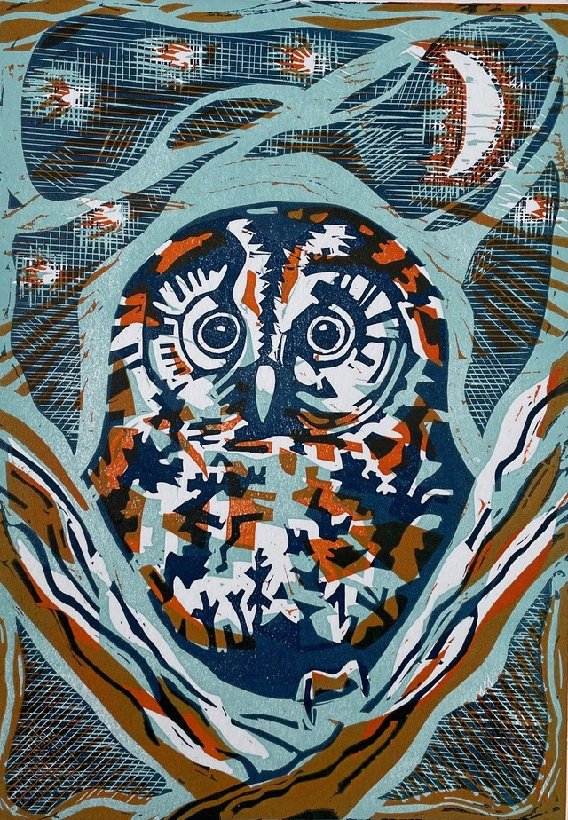 Tawny night, limited edition linocut print