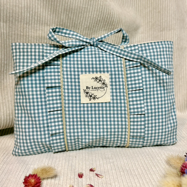 Pochette à livre de poche/liseuse Vichy bleu céladon