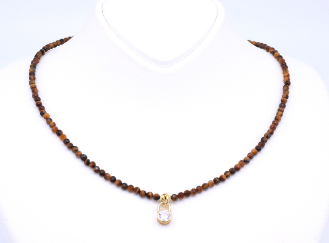 Tigerauge-Collier mit Zirkonia-Anhänger - Britta