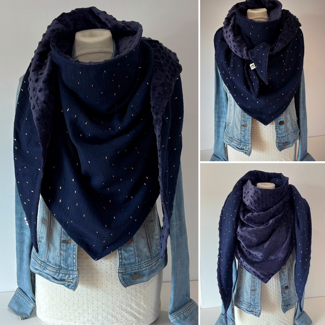 Écharpe femme hiver – grande écharpe triangle chaude et douce – bleu marine et doré – accessoire cocooning chic 