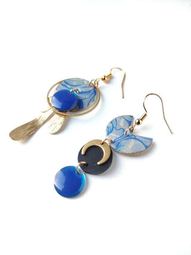 Boucles d'oreilles Asymétriques Upcyclées en Chambre à Air et Papier Recyclés - Aquatiques