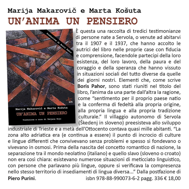 Marija Makarovič e Marta Košuta, "Un'anima un pensiero", (trad. a cura di Tatjana Rojc) qudulibri 2017