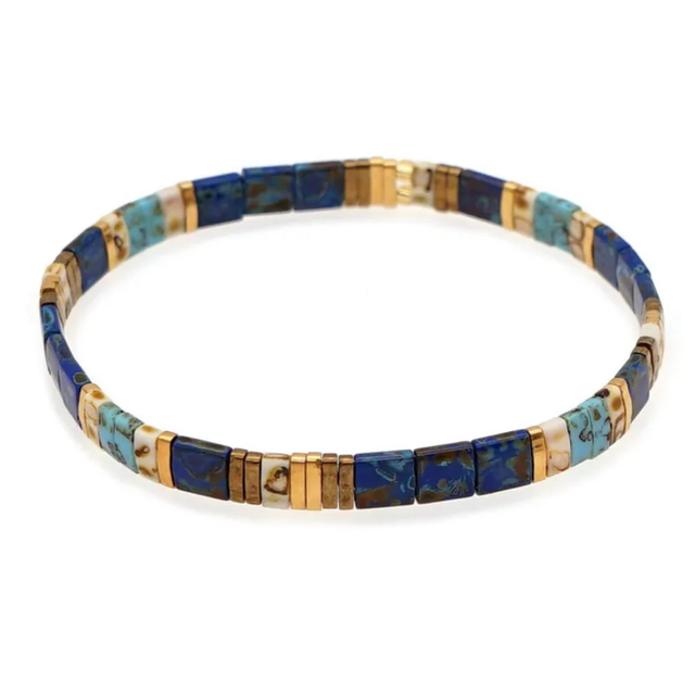 Tile Bead Stretch Bracelet - Blue & Gold