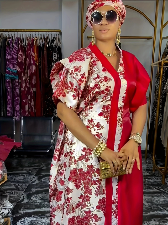 Women's Print V-Neck Sequin Plus Size Long Dress