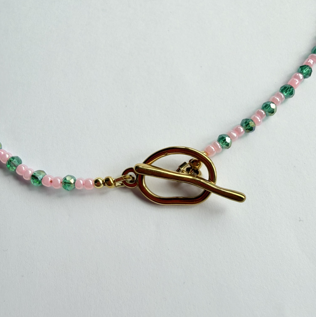 ESMERALDA - Pink & Emerald Green Beaded Toggle Necklace