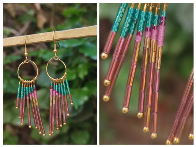 Boucles d'oreilles en perles de verre miyuki rosé/turquoise/or en acier inoxydable doré -sans nickel pièce unique 